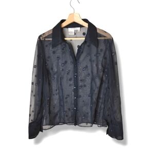 Como Vintage Sheer Black Blouse Size L Polka Dot Whimsy Fairy Grunge